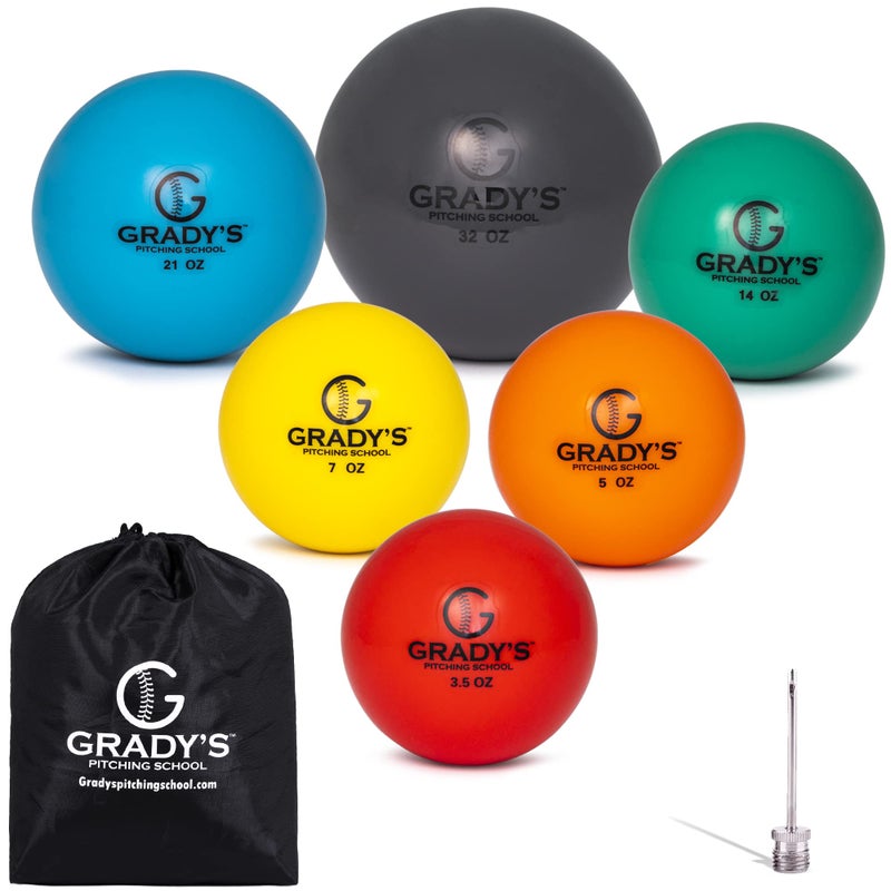 Grady's Pitching School Soft Shell Weighted Ball Set 32, 21, 14, 7, 5, and 3.5oz-Pitching/Throwing Velocity Training for Baseball and Softball - Image 1